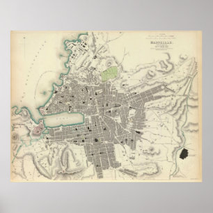 Vintagekarta av Marseille frankriken (1840) Poster