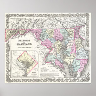 Vintagekarta av Maryland (1855) Poster