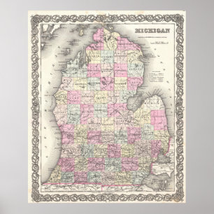 Vintagekarta av Michigan (1855) Poster