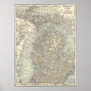 Vintagekarta av Michigan (1901) Poster