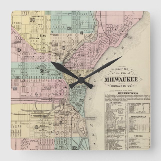 Vintagekarta av Milwaukee Wisconsin (1878) Fyrkantig Klocka (Framsida)