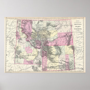 Vintagekarta av Montana, Wyoming och Idaho (1884) Poster