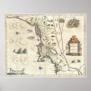 Vintagekarta av New England (1635) Poster