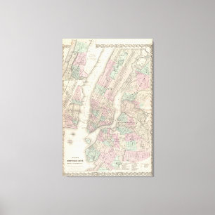 Vintagekarta av NYC och Brooklyn (1865) Canvastryck