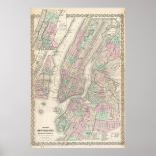 Vintagekarta av NYC och Brooklyn (1865) Poster