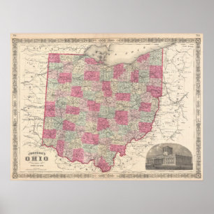 Vintagekarta av Ohio (1864) Poster
