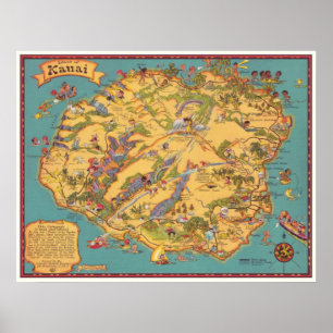 Vintagekarta av ön av Kauai Poster