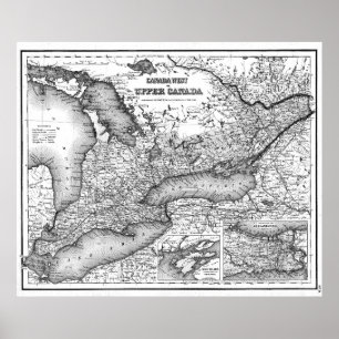 Vintagekarta av Ontario (1857) BW Poster