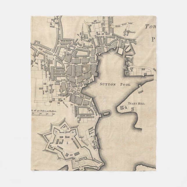 Vintagekarta av Plymouth England (1765) Fleecefilt (Framsidan)