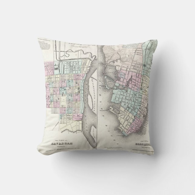 Vintagekarta av savannahen och Charleston (1855) Kudde (Framsida)