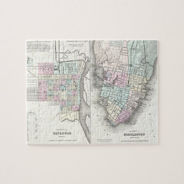 Vintagekarta av savannahen och Charleston (1855) Pussel (Horisontell)