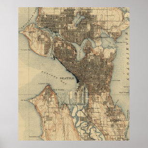 Vintagekarta av Seattle Washington (1908) 2 Poster