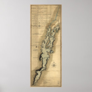 Vintagekarta av sjön Champlain (1865) Poster