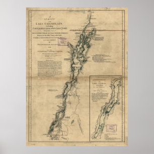 Vintagekarta av sjön Champlain & sjön George Poster