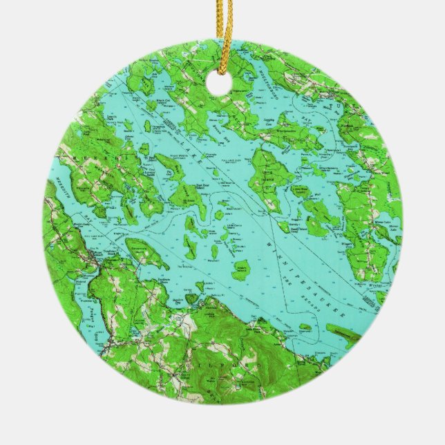 Vintagekarta av sjön Winnipesaukee (1956) Julgransprydnad Keramik (Framsidan)