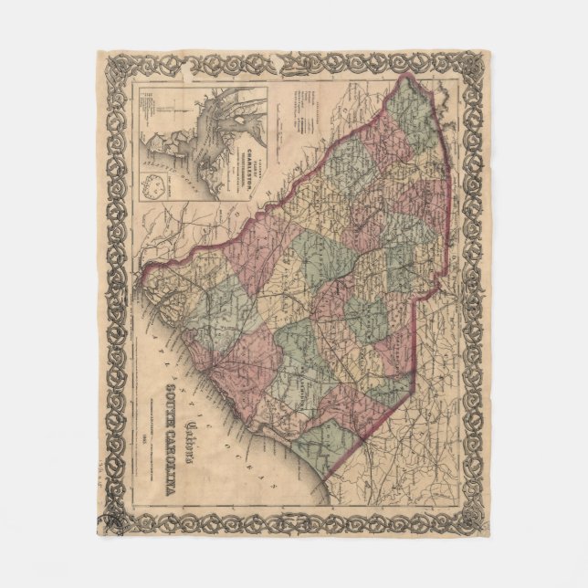 Vintagekarta av South Carolina (1865) Fleecefilt (Framsidan)