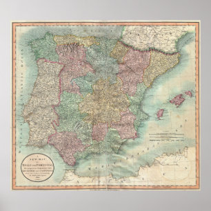 Vintagekarta av Spanien och Portugal (1801) Poster