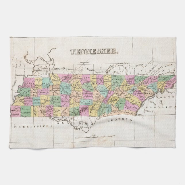 Vintagekarta av Tennessee (1827) Kökshandduk (Horisontell)