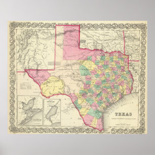 Vintagekarta av Texas (1856) Poster