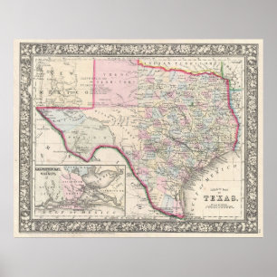 Vintagekarta av Texas (1866) Poster