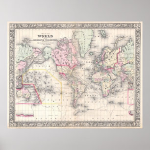 Vintagekarta av världen (1864) poster