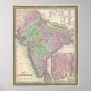 Vintagekarta över Indien, 1853 Poster