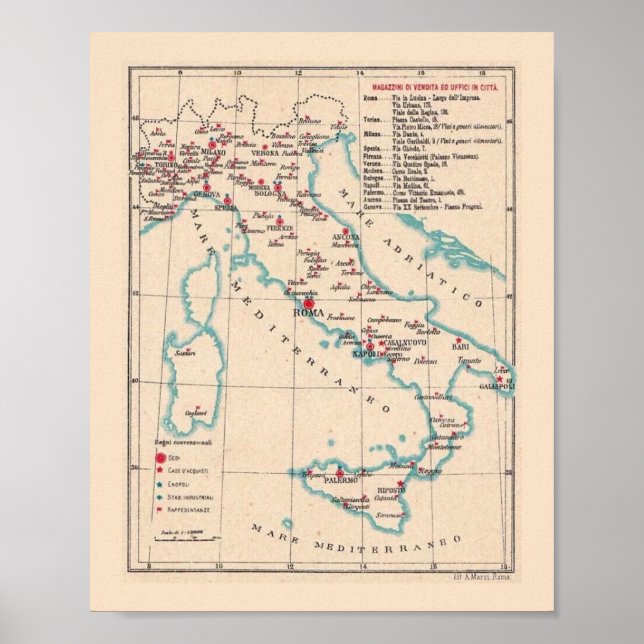 Vintagekarta över Italien 8 X 10 tryck (Framsidan)