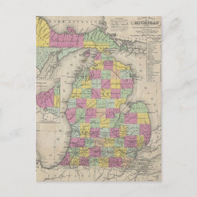 Vintagekarta över Michigan (1853) Vykort (Framsida)