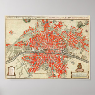 Vintagekarta över Paris Frankrike (1721–1774) Poster
