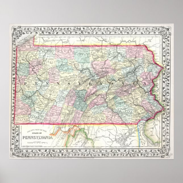 Vintagekarta över Pennsylvania, 1867 Poster (Framsidan)