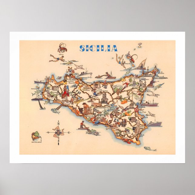 Vintagekarta över Sicilien tryck (Framsidan)