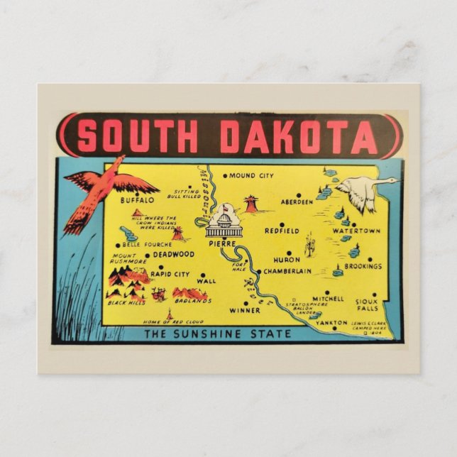 Vintagekarta över South Dakota Vykort (Framsida)