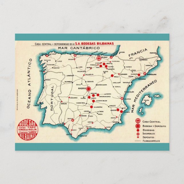 Vintagekarta över Spanien Vykort (Framsida)