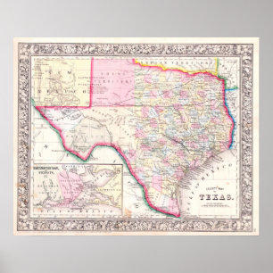 Vintagekarta över Texas, 1864 Poster