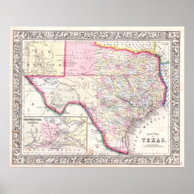 Vintagekarta över Texas, 1864 Poster (Framsidan)