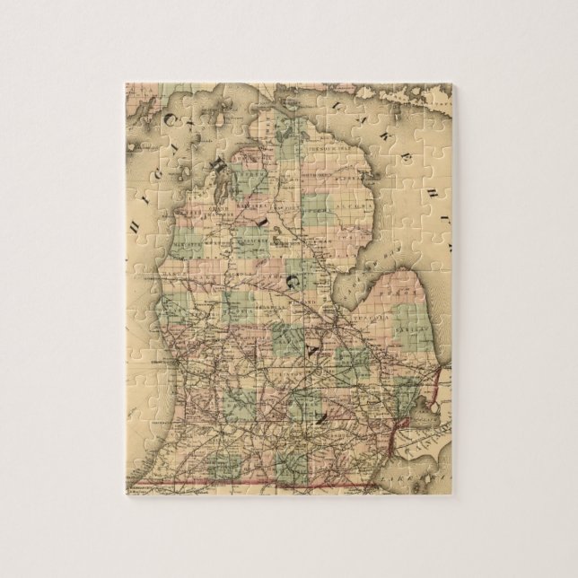 Vintagekartan av Michigan reser med tåg (1876) Pussel (Vertikal)