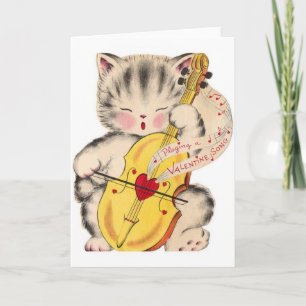 Vintagekatt och violoncellvalentin helgkort