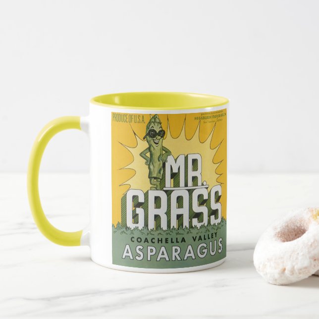 Vintagekonst från fruktlåda, etikett för Mr. Grass Mugg (Med munk)