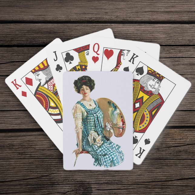 Vintagekonstnär Damen Målare Palett Spelkort (Victorian lady artist blue white checkered smock, paint brush and palette on pale blue deck of cards)