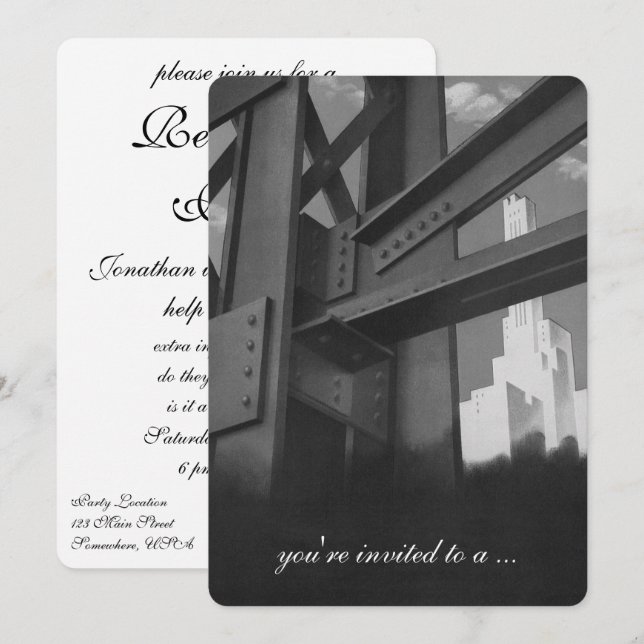 Vintagekonstruktion Skyskrapor Pensionärsfest Inbjudningar (Fram/baksida)