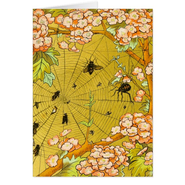 Vintagekonstspindelnät i blommarträd hälsningskort (Framsidan)