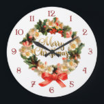 Vintagekran och god julCalligraphy Stor Klocka<br><div class="desc">Numrerade den blom- kranen för vintagehelgdag med pilbågen och anpassningsbar visartavlan med guld- hälsning för lutning"god jul" calligraphy.</div>