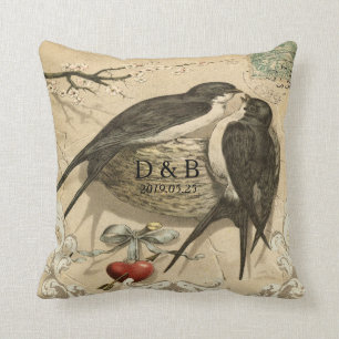 Vintagelove birds bygga bo franskt dekorbröllop kudde
