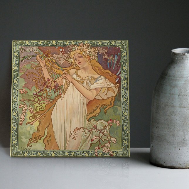 Vintagen Alphonse Mucha Vår Art nouveau Kakelplatta (Skapare uppladdad)