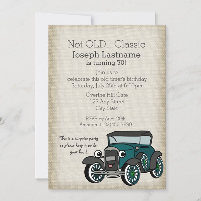 Vintagen Antique Car and Burlap Inbjudningar (Framsida)