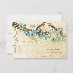 Vintagen Aqua & Navy Cherry Blommar Bird Bröllop OSA Kort