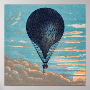Vintagen Ballon Fransk Balloon Lithograph Print Poster