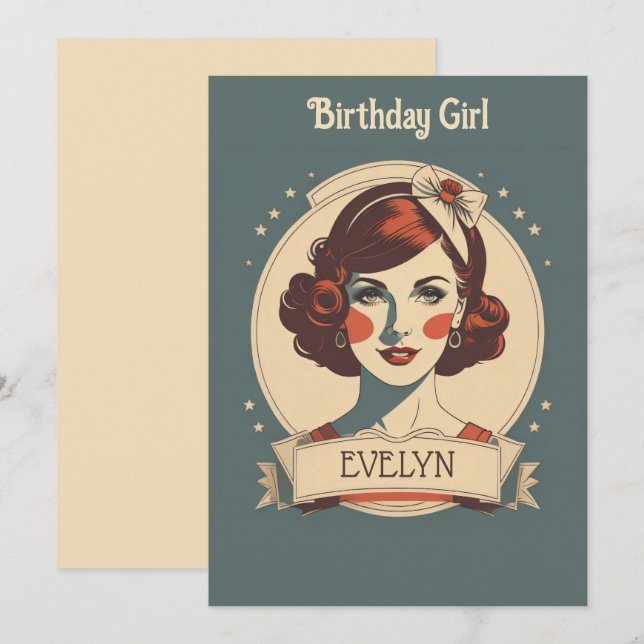 Vintagen Birthday Girl Inbjudningar (Fram/baksida)