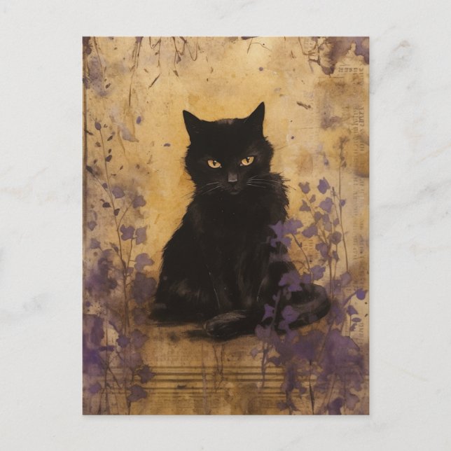 Vintagen Black Cat Lila Paint Vykort (Framsida)