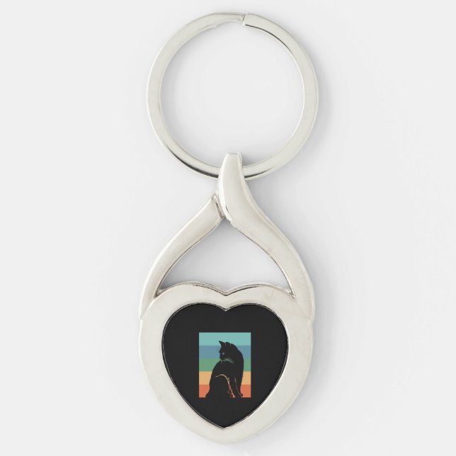 Vintagen Black Cat Retro Twisted Heart Silverfärgad Nyckelring (Framsidan)